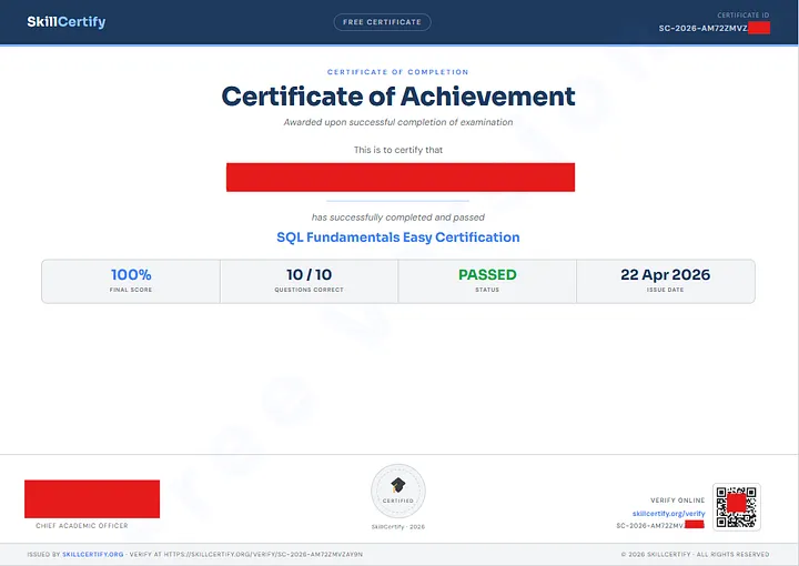 WordPress Fundamental free certificate from SkillCertify — professional PDF design